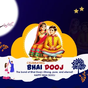 Celebrating Bhai Dooj with a sister applying tilak to her brother beside a diya thali on night blue, The bond of Bhai Dooj, strong, pure and eternal