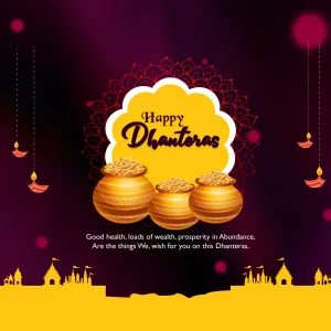 Happy Dhanteras with three gold coin pots on purple and yellow, hanging diyas and a temple skyline, wishing good health, wealth and prosperity