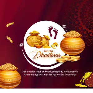 Shubh Dhanteras in maroon with a white circle of gold coin pots, falling coins and Lakshmi footprints, wishing good health, wealth and prosperity