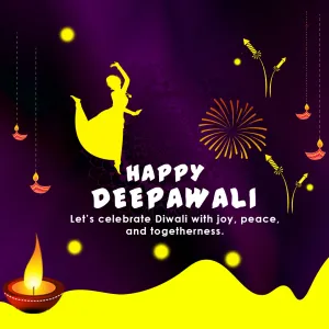 Happy Deepawali with a yellow dancer silhouette, a diya and fireworks on purple, Let's celebrate Diwali with joy, peace and togetherness