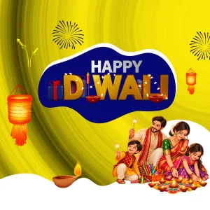 Happy Diwali in bold 3D letters with lanterns and a family lighting diyas and sparklers on a yellow swirl background