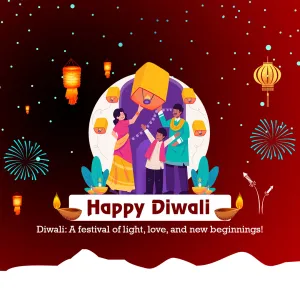 Happy Diwali with a family releasing a sky lantern among lanterns and fireworks on maroon, Diwali: A festival of light, love and new beginnings