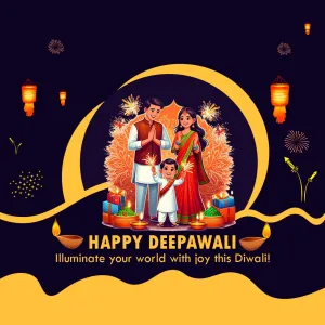 Happy Deepawali with a family holding sparklers among gifts and diyas inside a golden crescent, with lanterns and fireworks on a night sky