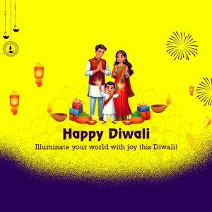 Happy Diwali with a family holding sparklers among gifts, diyas and lanterns on yellow, Illuminate your world with joy this Diwali