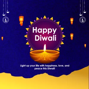 Happy Diwali with a glowing diya under a starburst frame and lanterns on deep blue, Light up your life with happiness, love and peace this Diwali