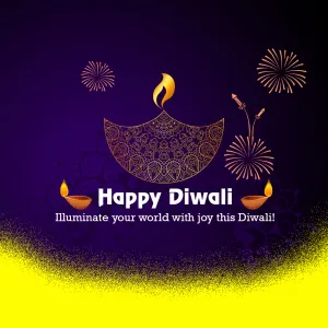 Happy Diwali with an ornate golden mandala diya, small diyas and fireworks on purple and yellow, Illuminate your world with joy this Diwali