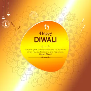 Happy Diwali on a golden rangoli background with Lakshmi footprints and hanging diyas, May the glow of lamps bring you joy and prosperity