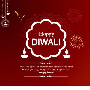 Happy Diwali in a white scalloped frame on maroon with diyas and fireworks, May the glow of lamps bring you joy, prosperity and happiness