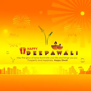 Happy Deepawali on an orange sunburst with diyas, rockets, Lakshmi footprints and a city skyline, May the glow of lamps bring you joy