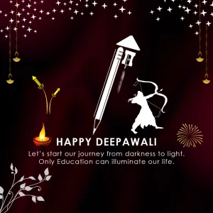 Happy Deepawali for schools with a pencil shaped rocket and Lord Ram with his bow, Let's start our journey from darkness to light, only education can illuminate our life