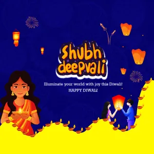 Shubh Deepavali on blue with a woman holding a diya, a row of diyas, sky lanterns and a couple releasing a lantern