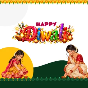 Happy Diwali in 3D letters with crackers and diyas, two women in sarees lighting diyas under a marigold garland