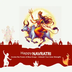 Happy Navratri with the goddess riding a bull in a golden glow, dancer silhouettes and a temple skyline, Invoke the power of Maa Durga