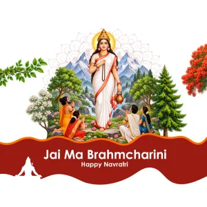 Maa Brahmacharini Navratri Illustration with Mountains, Green Trees and Devotees