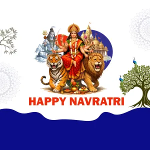 Happy Navratri with Maa Durga seated between a tiger and a lion, Lord Shiva, a temple, peacocks and a banyan tree